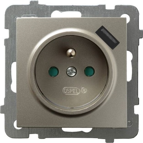 Picture of Ospel AS Gniazdo pojedyncze z uziemieniem z przesonami torów prdowych, z adowark USB satyna light GP-1GZPUSB/m/45