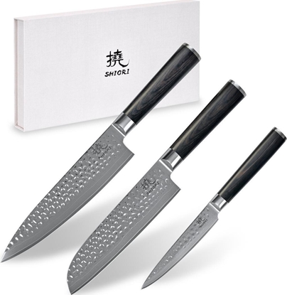 Изображение Shiori Shiori 3-Set Kuri Mur + Santoku + Sifu - zestaw trzech noży ze stali damasceńskiej