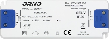 Изображение Zasilacz serwerowy Orno Zasilacz płaski do LED 12VDC 30W, IP20, wysokość 18mm
