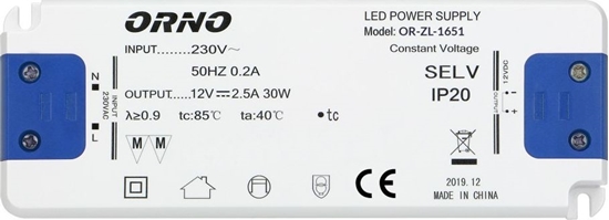 Изображение Zasilacz serwerowy Orno Zasilacz paski do LED 12VDC 30W, IP20, wysoko 18mm
