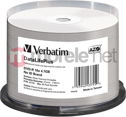 Изображение 1x50 Verbatim DVD-R 4,7GB 16x white wide thermal  print. NO-ID