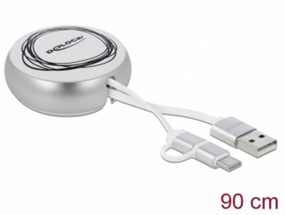 Attēls no Delock USB 2.0 2 in 1 Retractable Cable Type-A to Micro-B and USB-C™ white / silver