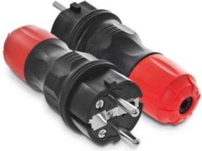 Изображение AWTools Wtyczka prosta 2p+Z, 16A EXTREM I Kl. Izolacji Uni Schuko hermatyczna IP 54 rozbieralna, czarna z czerwonymi nakrtkami 16A (W-97977)