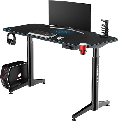 Attēls no Biurko Ultradesk Biurko dla gracza LEVEL V2 BLUE, 140x68cm, 72-117cm, elektrycznie regulowany, z podkadk pod mysz XXL, uchwyt na suchaw