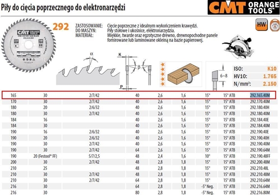 Picture of Griešanas disks kokam CMT 292; 165x2,6x30; Z40; 10°
