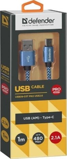 Изображение Kabel USB Defender USB-A - USB-C 1 m Niebieski (87817)