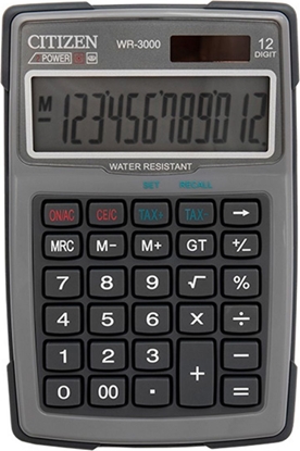 Изображение Kalkulator Citizen Citizen Kalkulator WR3000NRGYE, szara, biurkowy z obliczaniem VAT, 12 miejsc, wodoodporny, odporny na kurz i piasek
