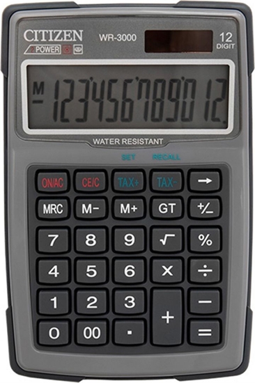 Picture of Kalkulator Citizen Citizen Kalkulator WR3000NRGYE, szara, biurkowy z obliczaniem VAT, 12 miejsc, wodoodporny, odporny na kurz i piasek