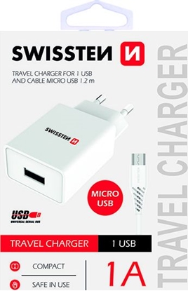 Изображение Swissten Travel Charger Smart IC USB 1A + Data Cable USB / Micro USB 1.2m