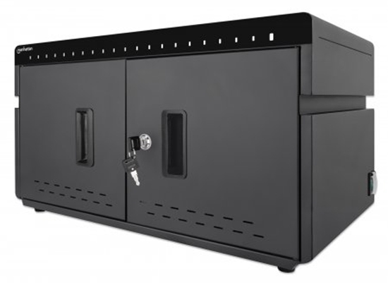 Picture of Manhattan Charging Cabinet/Cart via USB-C x20 Devices, Desktop, Power Delivery 18W per port (360W total), Suitable for iPads/other tablets/phones, Bays 264x22x235mm, Device charging cables not included, Silent Ventilation, Lockable (2 keys), EU & UK power