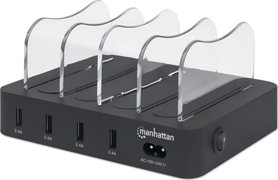 Picture of Manhattan Charging Station, 4x USB-A Ports, Outputs: 4x 2.4A, Smart IC, LED Indicator Lights, Black, Three Year Warranty, Box