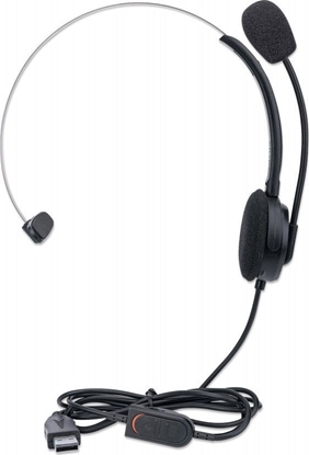 Attēls no Manhattan Mono On-Ear Headset (USB) (Clearance Pricing), Microphone Boom (padded), Retail Box Packaging, Adjustable Headband, In-Line Volume Control, Ear Cushion, USB-A for both sound and mic use, cable 1.5m, Three Year Warranty