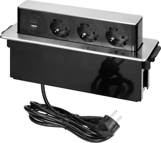 Picture of Orno Gniazdo meblowe wysuwane z blatu z paskim frezowanym rantem, adowark USB i przewodem 2m, 3 gniazda typ F, 2 x USB (Typ A + C