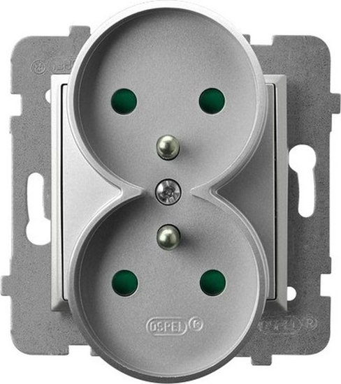 Picture of Ospel ARIA Gniazdo podwójne z/u z przesonami torów prdowych srebro GP-2URZP/m/18