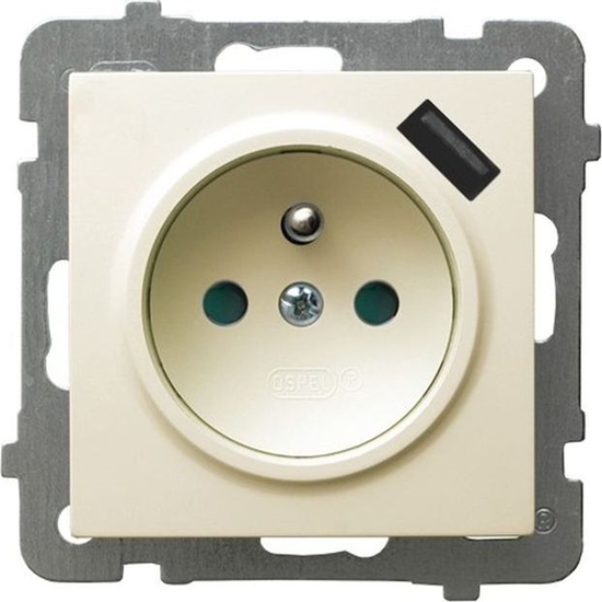 Picture of Ospel AS Gniazdo pojedyncze z uziemieniem z przesonami torów prdowych, z adowark USB ecru GP-1GZPUSB/m/27