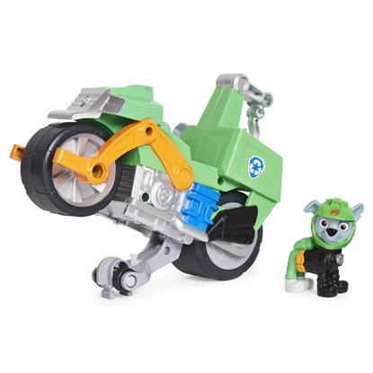 Изображение PAW Patrol , Moto Pups Rocky’s Deluxe Pull Back Motorcycle Vehicle with Wheelie Feature and Figure