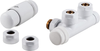 Picture of Perfexim Zintegrowany zestaw termostatyczny PHA-036 ktowy biay, rozstaw 50mm PN10 + zczki na CU 15 i pexa 16x2 (20-036-0000-001)