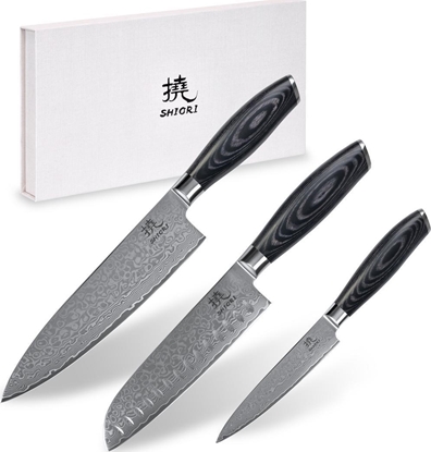 Изображение Shiori Shiori 3-Set Kuro Mur + Santoku + Sifu - zestaw trzech noży ze stali damasceńskiej