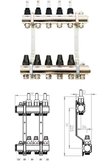 Изображение SiGMA-Li Rozdzielacz mosiny z zaworem termostatycznym i przepywomierzem 209x346x87mm - RMZTP-3