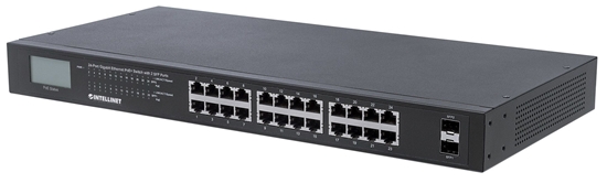 Picture of Intellinet 24-Port Gigabit Ethernet PoE+ Switch with 2 SFP Ports, LCD Display, IEEE 802.3at/af Power over Ethernet (PoE+/PoE) Compliant, 370 W, Endspan, 19" Rackmount