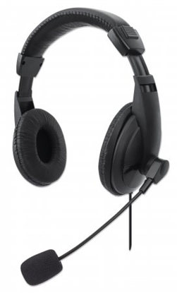 Picture of Manhattan Stereo Over-Ear Headset (USB) (Clearance Pricing), Microphone Boom (padded), Retail Box Packaging, Adjustable Headband, Ear Cushions, 1x USB-A for both sound and mic use, cable 1.5m, Three Year Warranty