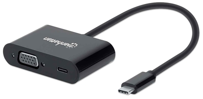 Изображение Manhattan USB-C to VGA and USB-C (inc Power Delivery), 1080p@60Hz, 19.5cm, Black, Power Delivery to USB-C Port (60W), Equivalent to CDP2VGAUCP, Male to Female, Lifetime Warranty, Retail Box