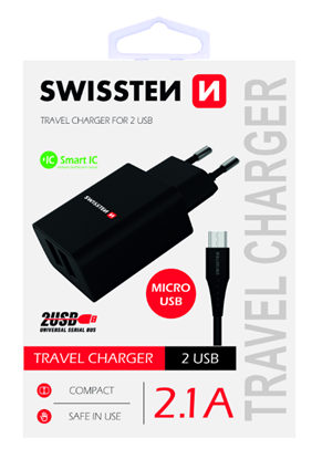 Attēls no Swissten Premium Travel Charger USB 2.1A / 10.5W With Micro USB Cable 1.2m