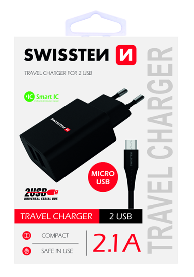Изображение Swissten Premium Travel Charger USB 2.1A / 10.5W With Micro USB Cable 1.2m
