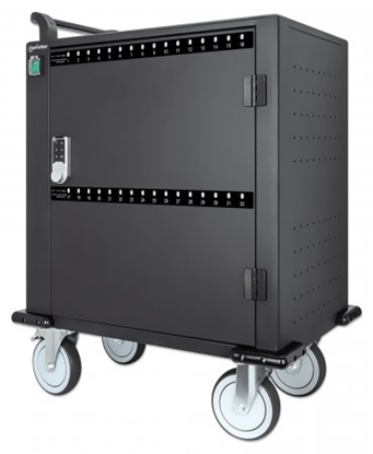 Attēls no Manhattan Charging Cabinet/Cart via USB-C x32 Devices, Trolley, Power Delivery 18W per port (576W total), Suitable for iPads/other tablets/phones/smaller chromebooks, Bays 330x22x235mm, Device charging cables not included, Lockable (PIN code), EU & UK pow