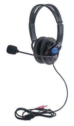 Picture of Manhattan Stereo Headset (Clearance Pricing), Lightweight, adjustable microphone, in-line volume control, padded cloth ear cushions, two 3.5mm jack input plugs, cable 2m, Black, 3 year warranty, Box