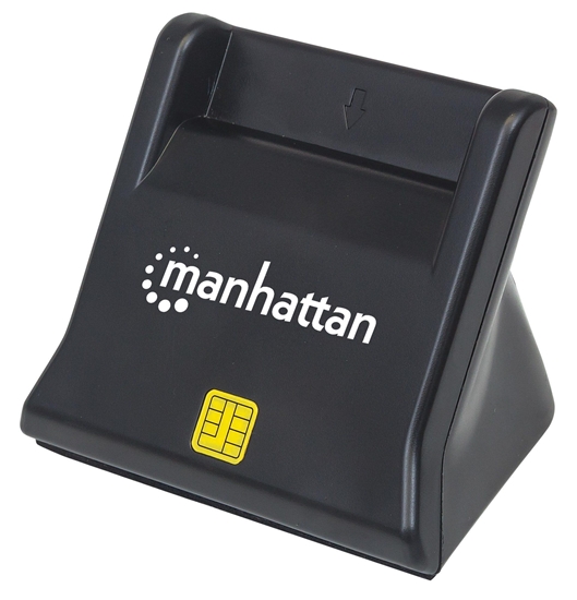 Picture of Manhattan USB-A Smart/SIM Card Reader, 480 Mbps (USB 2.0), Desktop Standing, Friction Type compatible, Hi-Speed USB, Cable 86cm, Black, Three Year Warranty, Blister