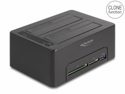 Attēls no Delock USB Dual Docking Station for 2 x SATA HDD / SSD with Clone Function and Card Reader + additional USB Port