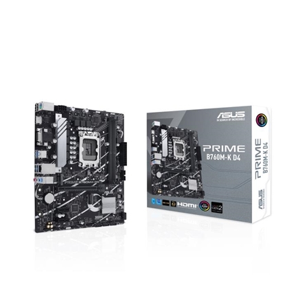 Attēls no Mainboard|ASUS|Intel B760 Express|LGA1700|Micro-ATX|Memory DDR4|Memory slots 2|2xPCI-Express 4.0 1x|1xPCI-Express 4.0 16x|2xM.2|1x15pin D-sub|1xHDMI|2xUSB 2.0|4xUSB 3.2|1xPS/2|1xRJ45|3xAudio port|PRIMEB760M-KD4