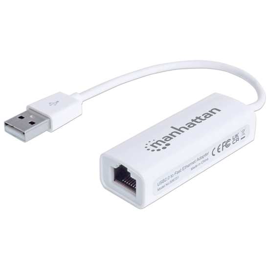 Picture of Manhattan USB-A Fast Ethernet Adapter, 10/100 Mbps Network, 480 Mbps (USB 2.0), Hi-Speed USB, RJ45, White, Three Year Warranty, Blister