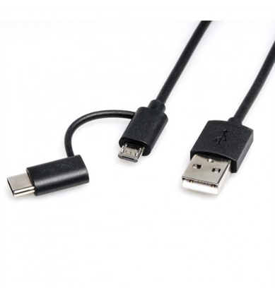 Attēls no ROLINE Cable USB Micro B + Type C M/M to USB2.0 A M, OTG, black, 1.0 m