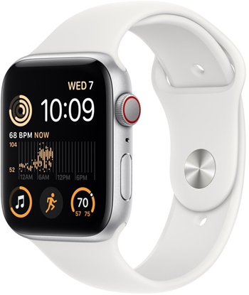 Picture of Apple Watch SE MNQ23EL/A 44mm, GPS (satellite), Retina LTPO OLED, Touchscreen, Heart rate monitor, Waterproof, Bluetooth, Wi-Fi, Silver, White, eSIM