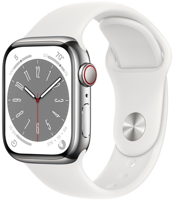 Picture of Apple Watch Series 8 GPS + Cellular 41mm Silver Stainless Steel Case with White Sport Band - Regular