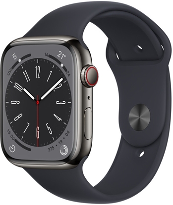 Picture of Apple Watch Series 8 GPS + Cellular MNKU3EL/A 45mm, Retina LTPO OLED, Touchscreen, Heart rate monitor, Waterproof, Bluetooth, Wi-Fi, Graphite, Midnight