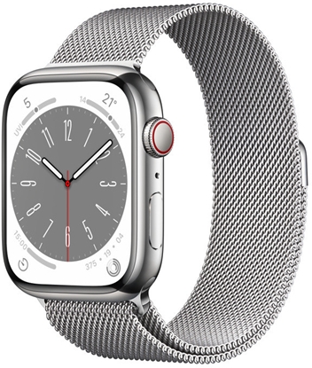Picture of Apple Watch Series 8 MNKJ3EL/A 45mm, GPS (satellite), Retina LTPO OLED, Touchscreen, Heart rate monitor, Waterproof, Bluetooth, Wi-Fi, Silver, Silver