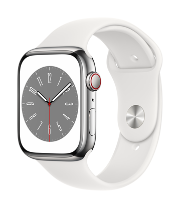 Picture of Apple Watch Series 8 MNKE3EL/A 45mm, GPS (satellite), Retina LTPO OLED, Touchscreen, Heart rate monitor, Waterproof, Bluetooth, Wi-Fi, Silver, White