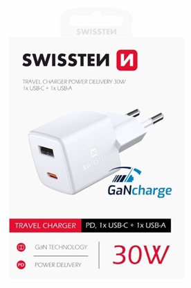 Attēls no Swissten GaN Mini Travel Charger USB-C / USB / PD 30W