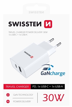 Attēls no Swissten GaN Travel Charger PD 30W USB-C / USB