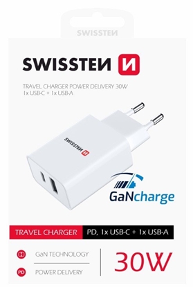 Изображение Swissten GaN Travel Charger PD 30W USB-C / USB