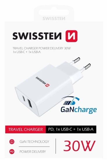 Изображение Swissten GaN Travel Charger PD 30W USB-C / USB
