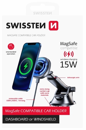 Attēls no Swissten Magnetic Car Holder with Wireless Charger 15W (MagSafe compatible)