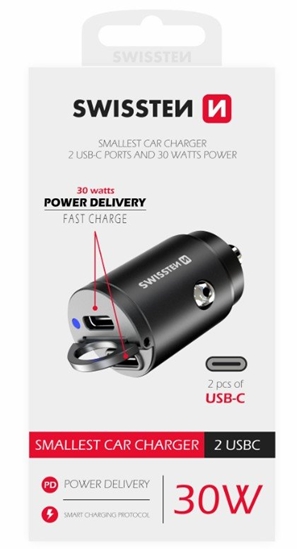 Picture of Swissten Nano Metal Car Charger Adapter 2xUSB-C with 30W PD / SCP
