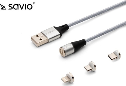 Attēls no Kabel USB Savio USB-A - USB-C + microUSB + Lightning Srebrny Magnetyczny (CL-156)