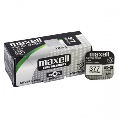 Attēls no BAT377.MX1; 377 baterijas 1.55V Maxell sudraba-oksīda SR626SW iepakojumā 1 gb.