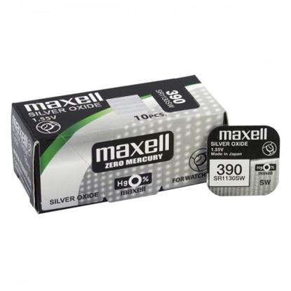 Attēls no BAT390.MX1; 390 baterijas 1.55V Maxell sudraba-oksīda SR1130SW, 389 iepakojumā 1 gb.