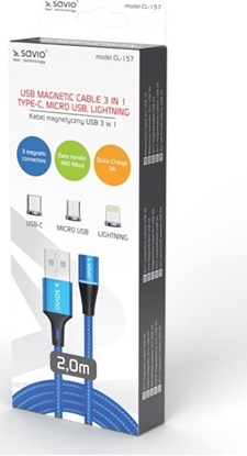 Attēls no Kabel USB Savio USB-A - USB-C + microUSB + Lightning 2 m Niebieski Magnetyczny (CL-157)